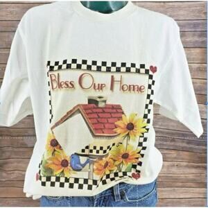 Vintage Retro 90s Single Stitch COTTAGECORE Bird House Flowers Shirt USA M NOS